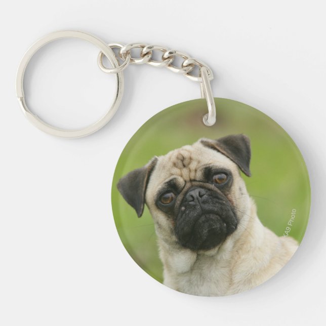 Pug Head Cocked Looking at Camera Key Ring (Front)