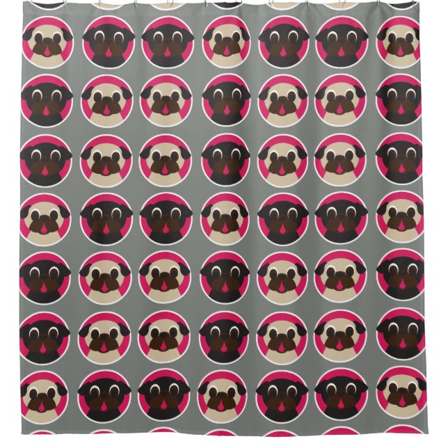 Pug Heads Fawn and Black Pug Pattern Shower Curtain (Front)