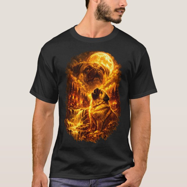 Pug howling at moon dramatic full moon  T-Shirt (Front)