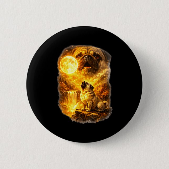 Pug howling at moon epic forest fantasy  6 cm round badge (Front)