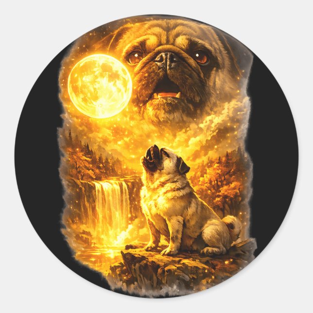 Pug howling at moon epic forest fantasy  classic round sticker (Front)