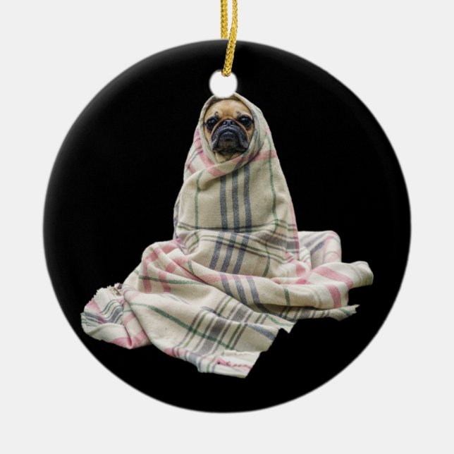 Pug in a Blanket Ceramic Tree Decoration (Front)