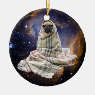 Pug in a Blanket in Outer Space Ceramic Tree Decoration