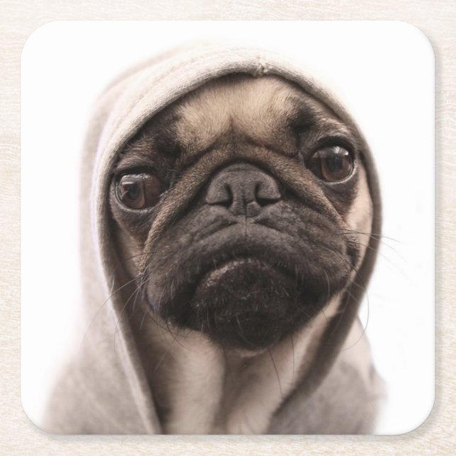 Pug In A Hoodie Square Paper Coaster (Front)