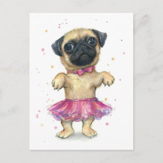 Pug in a Tutu Cute Puppy Painting Postcard