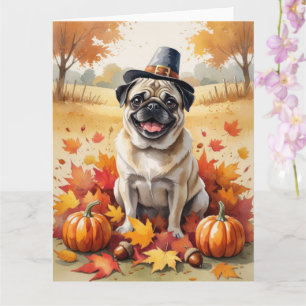 Pug In Autumn Leaves Thanksgiving Art Card