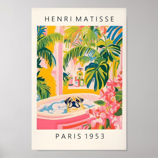 Pug In Bathtub, Matisse Print, Funny Bathroom Wall Poster (Front)