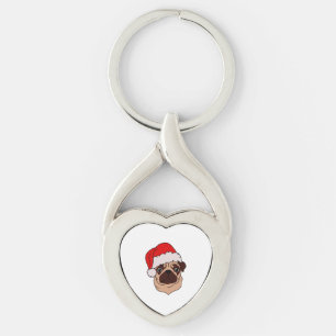 Pug in Christmas hat   Key Ring