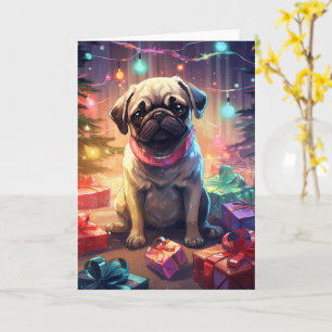 Pug in Christmas Pyjamas by the Tree Card