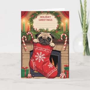 Pug in Christmas Stocking Holiday Cartoon Art Card