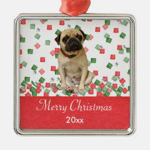 Pug in Hand Painted Christmas Confetti Metal Tree Decoration