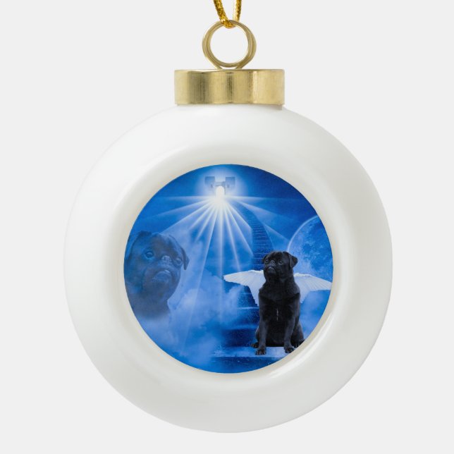 Pug in Heaven as Angel Sympathy Ceramic Ball Christmas Ornament (Front)