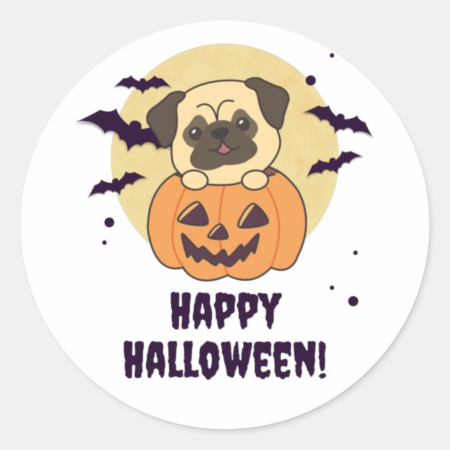 Pug In Pumpkin Sweet Dogs Happy Halloween Classic Round Sticker (Front)