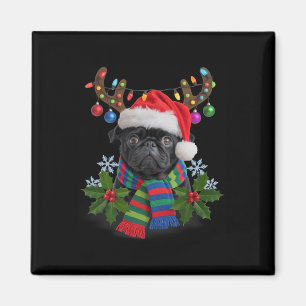 Pug In Santa Hat With Antlers Christmas  Magnet