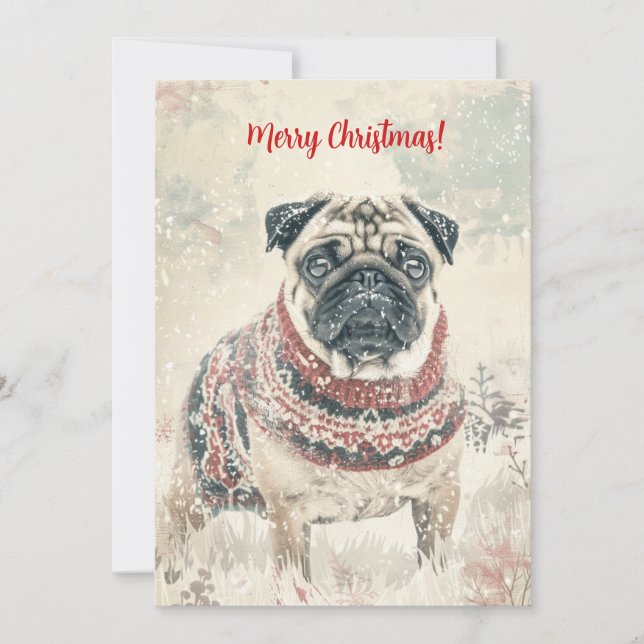 Pug In Snow Minimal Vintage Christmas Holiday Card (Front)