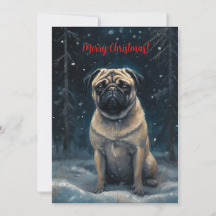 Pug In Snow Watercolor Christmas Holiday Card