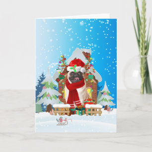 Pug in snow with Christmas gifts Card