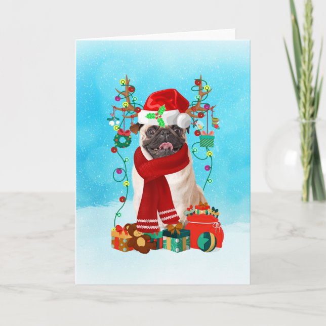  Pug in snow with Christmas gifts  Card (Front)