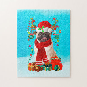 Pug in snow with Christmas gifts Jigsaw Puzzle