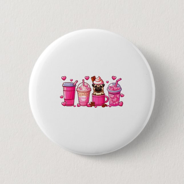 Pug Inside Cup Coffees Lover Valentines Day Heart  6 Cm Round Badge (Front)