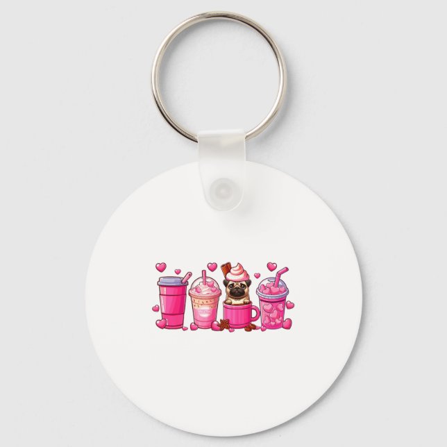 Pug Inside Cup Coffees Lover Valentines Day Heart  Key Ring (Front)