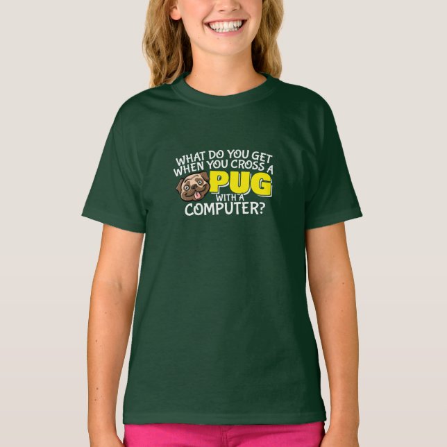 Pug Joke - Cross a Pug with a Computer T-Shirt (Front)