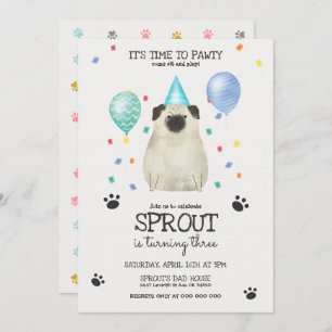 Pug Lets Pawty Dog Birthday Invitation Blue