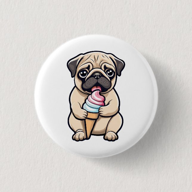 Pug licking ice cream 3 cm round badge (Front)