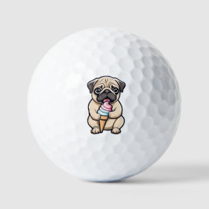 Pug licking ice cream golf balls