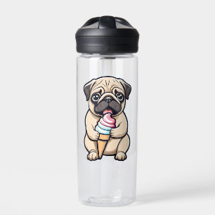 Pug licking ice cream water bottle