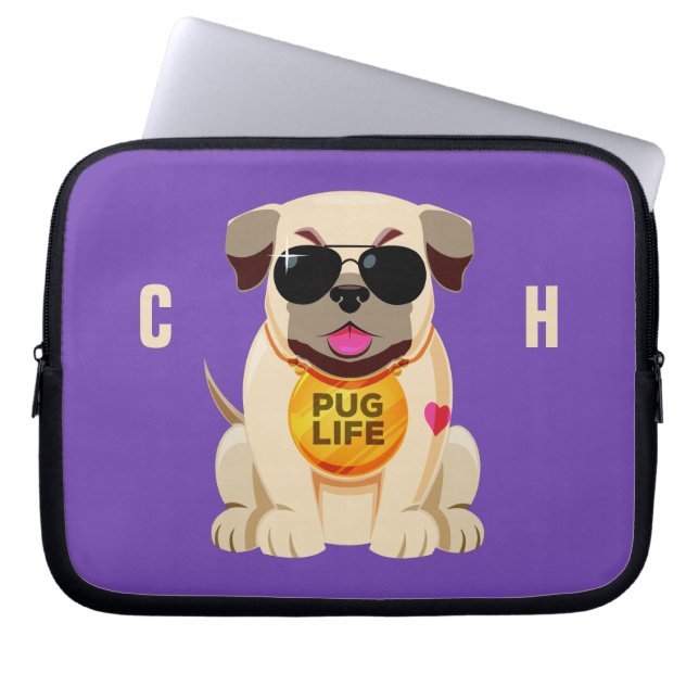 Pug Life custom name & colour laptop sleeves (Front)