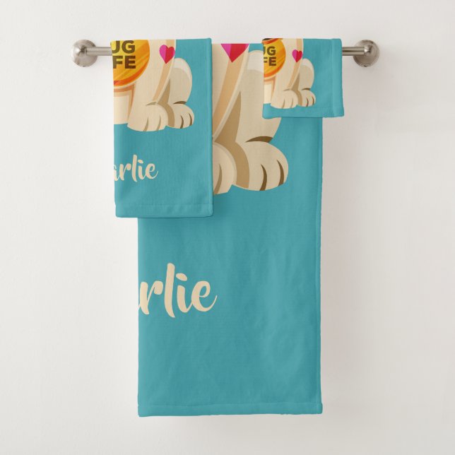 Pug Life custom name & colour towel set (Insitu)