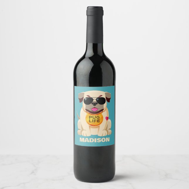 Pug Life custom name & colour Wine Label (Front)