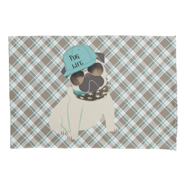 Pug Life Dog in Cap Bandanna Shades Plaid Pillowcase (Front)