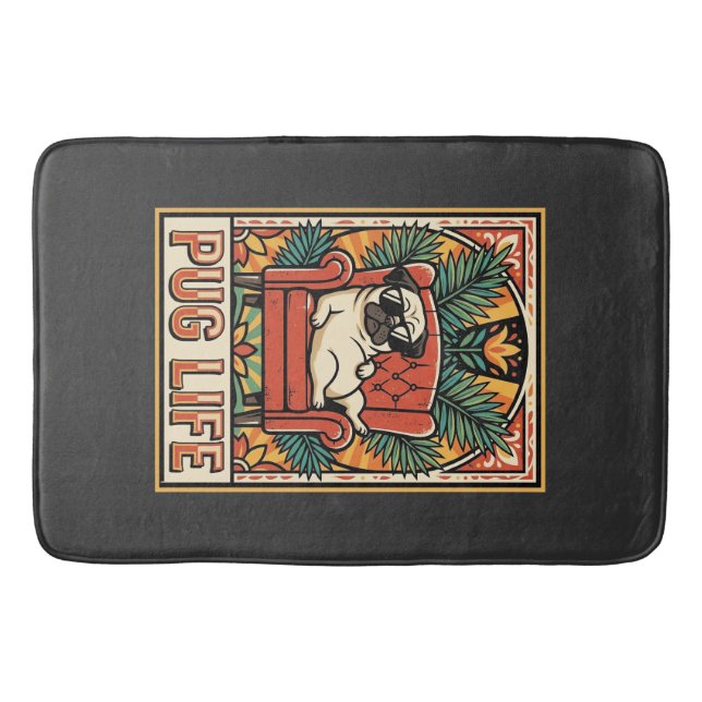 Pug Life Retro Folk Art Dog Bath Mat (Front)