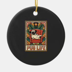 Pug Life Retro Folk Art Dog Ceramic Tree Decoration