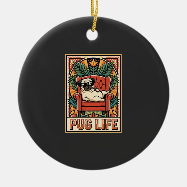 Pug Life Retro Folk Art Dog Ceramic Tree Decoration (Front)