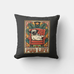 Pug Life Retro Folk Art Dog Cushion