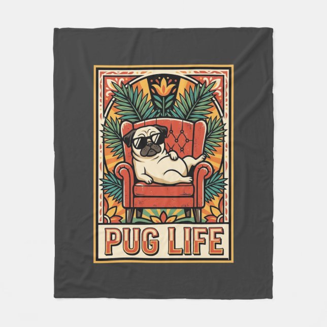 Pug Life Retro Folk Art Dog Fleece Blanket (Front)