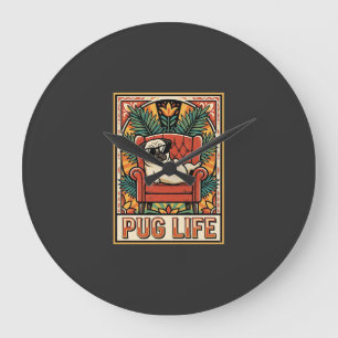 Pug Life Retro Folk Art Dog Large Clock