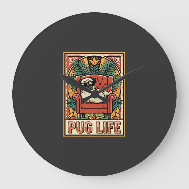 Pug Life Retro Folk Art Dog Large Clock (Front)