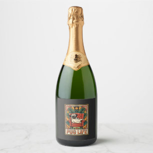 Pug Life Retro Folk Art Dog Sparkling Wine Label
