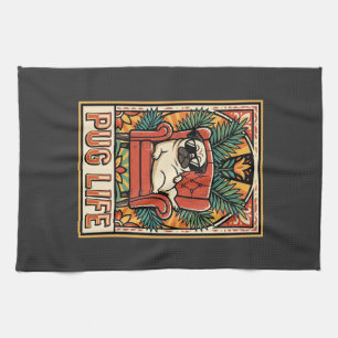 Pug Life Retro Folk Art Dog Tea Towel