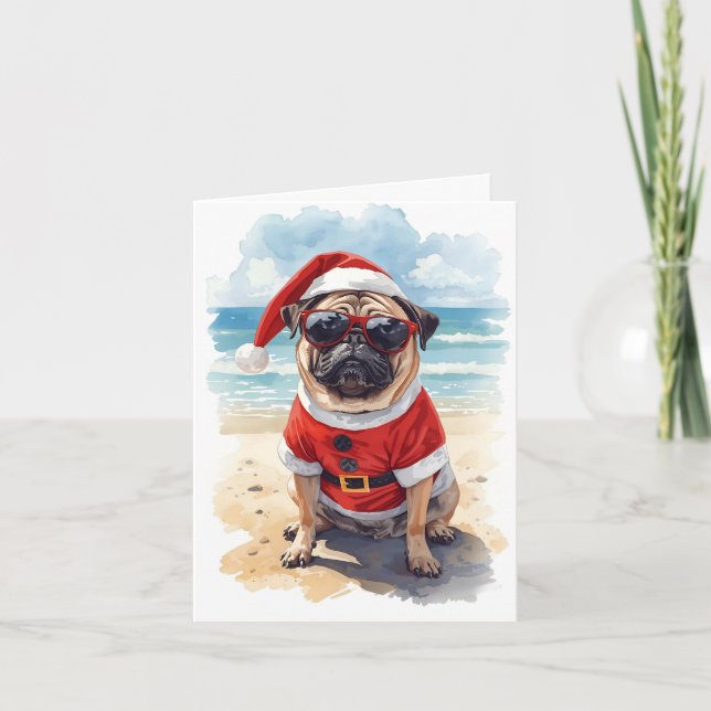 Pug Life, Santa Style – Christmas at the Beach Card (Front)
