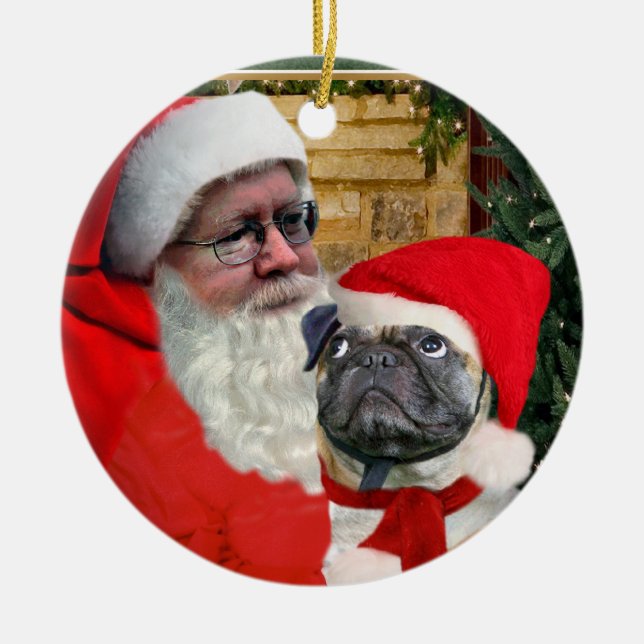 PUG LOOKS UP AT SANTA ORNAMENT (Front)
