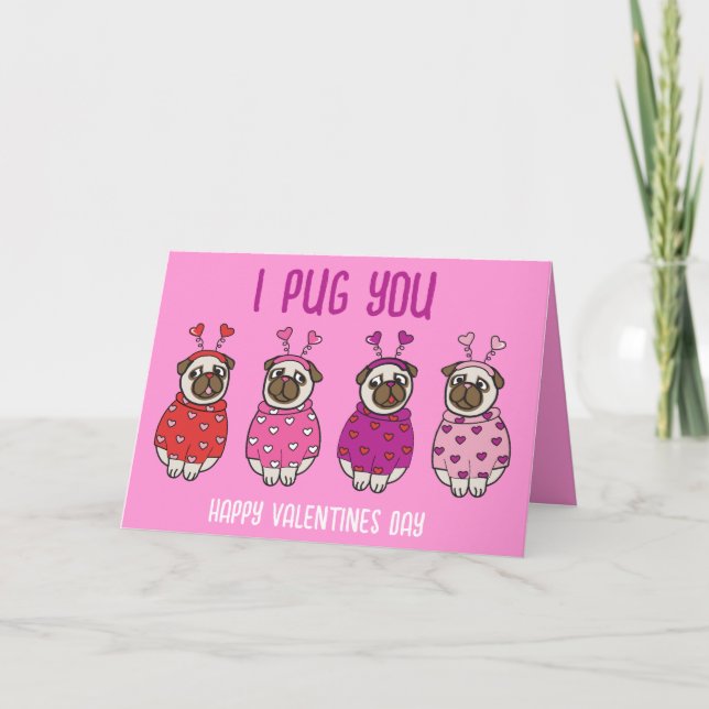 PUG LOVE Valentines Day Dog Doggy Puppy PINK Thank You Card (Front)