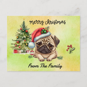 Pug Merry Christmas watercolor Postcard