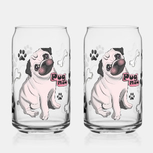 Pug Mum – Dog Lover with Hearts & Bones Can Glass