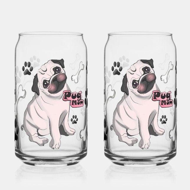 Pug Mum – Dog Lover with Hearts & Bones Can Glass (Left)