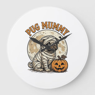 Pug Mummy Halloween Vintage Dog Shirt Design_1 Large Clock